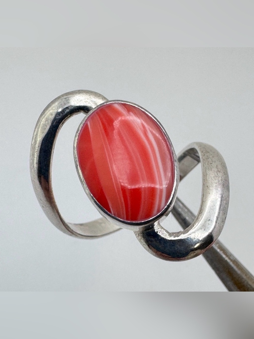 Vintage Mexico Silver Red Faux Carnelian Agate Swirl Ring Statement Sz 9